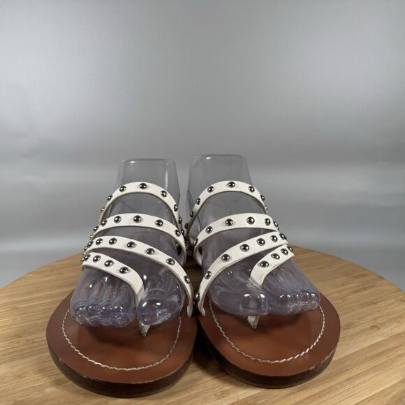 Tory Burch Sz 9 Patos Studded Strappy Sandals White Thong Leather Silver Studs - Picture 2 of 6